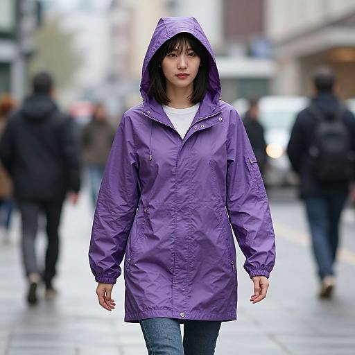 Woman in Purple Raincoat on Street