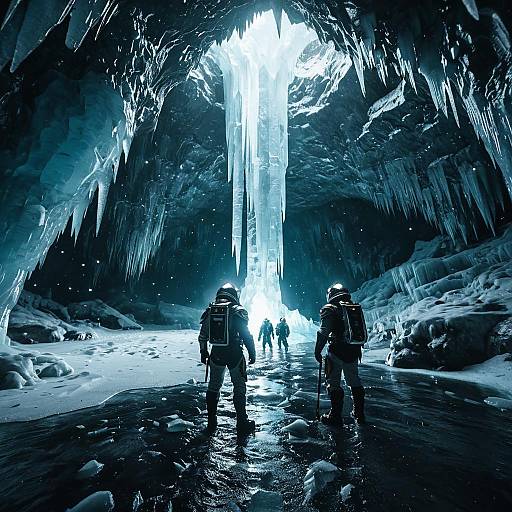 Medieval Explorers in Luminescent Ice Cave