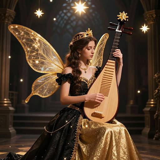 Golden Fairy Lute Player in Gothic Hall
