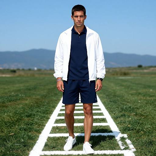 Photograph of a young man with short dark hair, wearing a white jacket, black polo, and shorts, standing on a white line path in a