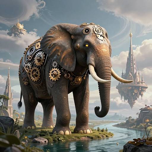 Mechanical Elephant in Surreal Landscape