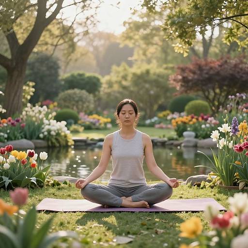 Photograph of an Asian woman with dark hair in a white tank top and gray pants, meditating cross-legged on a pink mat in a sunlit