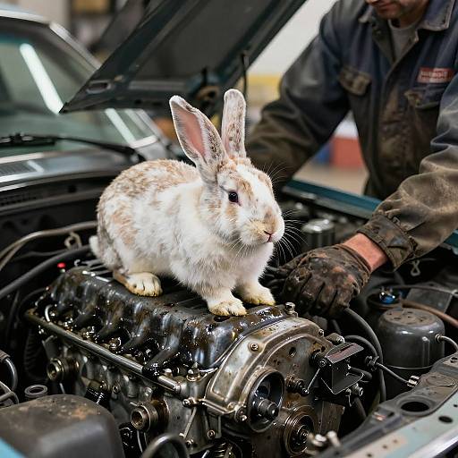 Photograph of a white and gray rabbit standing on a car engine, with a mechanic's gloved hand nearby, car hood open.