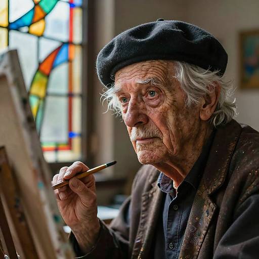 Photograph of an elderly white man with wrinkled skin, white hair, wearing a black beret and stained brown jacket, painting with a focused expression