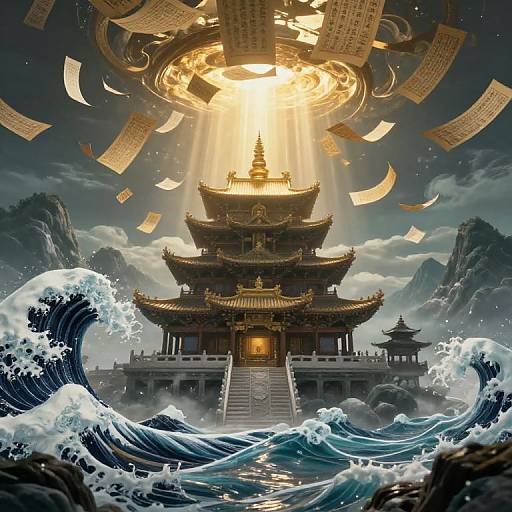 Mystical Temple Amid Submerged Mountains
