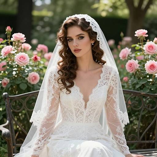 Bride in Lace Wedding Dress in Rose Garden