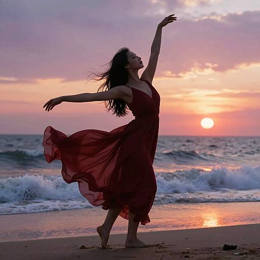 Woman Dancing on Beach at Sunset
