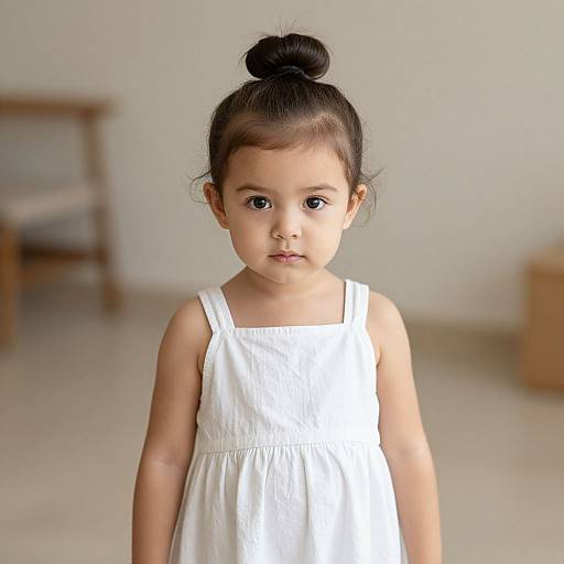 Photograph of a young Asian girl with black hair in a bun, wearing a white sleeveless dress, standing in a minimalistic room.