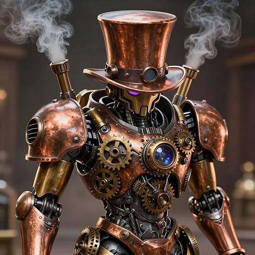 Steampunk robot with copper top hat, brass armor, gears, and smoking pipes, emitting white smoke in a dark industrial background.