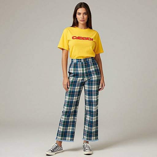 Casual Streetwear Woman in Plaid Trousers