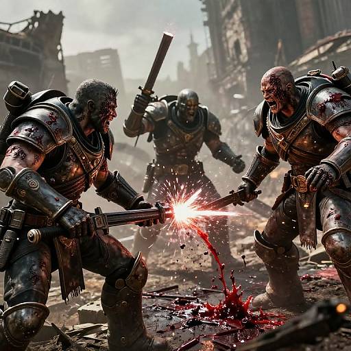 Photorealistic CGI of armored warriors clashing in a blood-soaked, ruined city. One sparks a gunfight, blood splatters on the ground