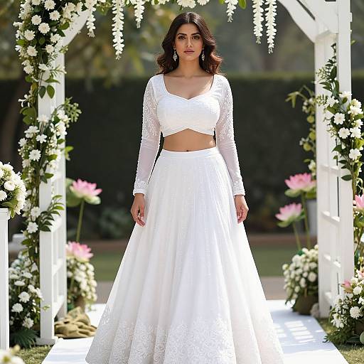 Photograph of a dark-haired woman in a white lace crop top and high-waisted skirt, standing in a sunlit floral archway.