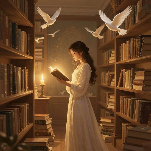 Magical library scene: Young woman in white dress reads illuminated book, surrounded by ethereal white doves, warm candlelight, and wooden booksh