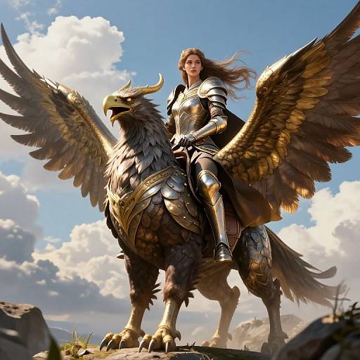 Digital art of a knight with long brown hair, in gold and silver armor, riding a majestic golden griffin with outstretched wings, under a