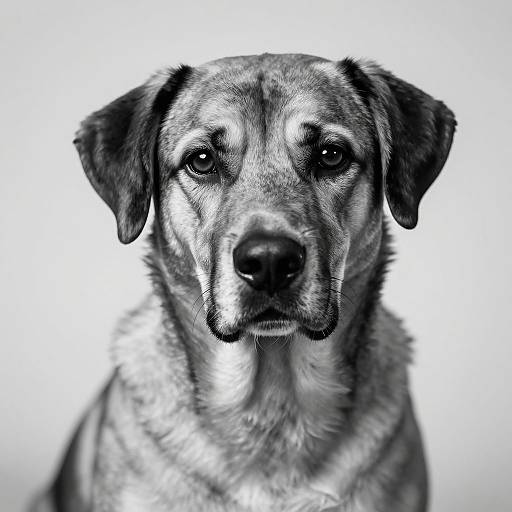 Black and white photograph of a medium-sized, short-haired dog with a solemn expression, centered against a plain white background.