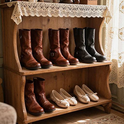 Artistic Shoes on Rustic Shelf