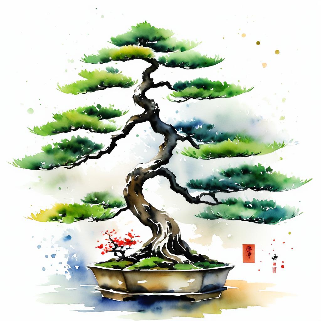 Elegant Japanese Watercolor Bonsai Art