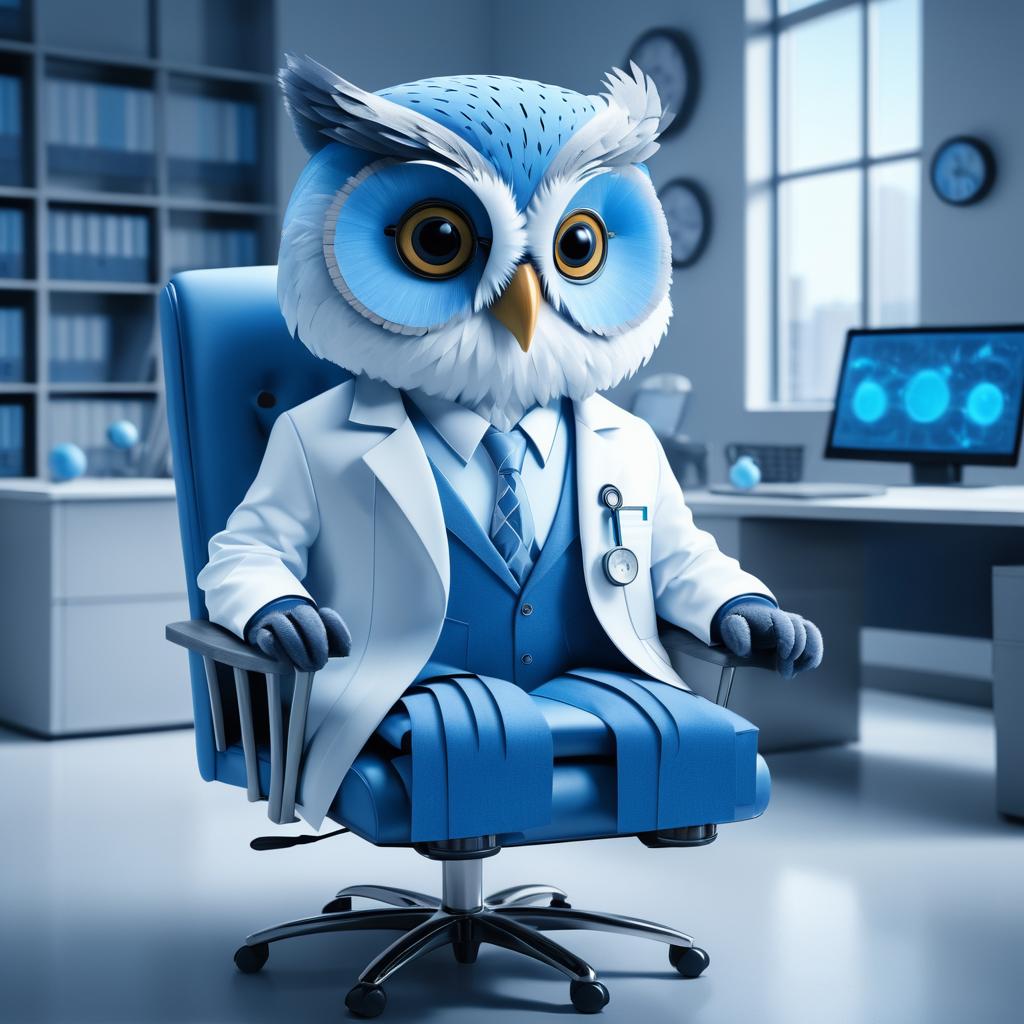 Surreal Owl in Lab Coat Office Scene