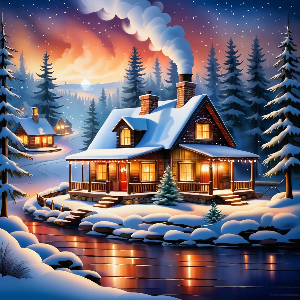 Charming Winter Cabin in Folk Art Style