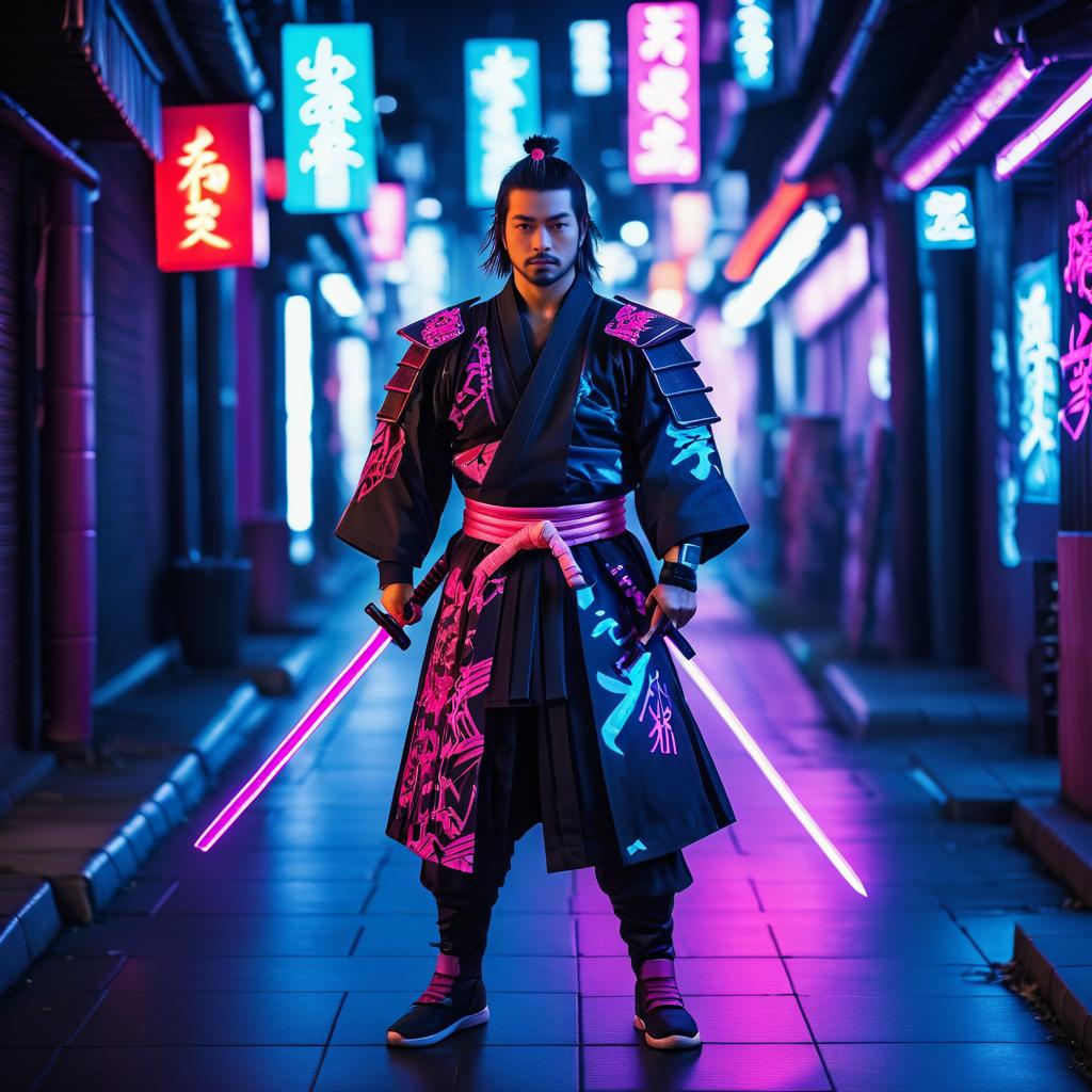 Samurai in Neon Urban Landscape