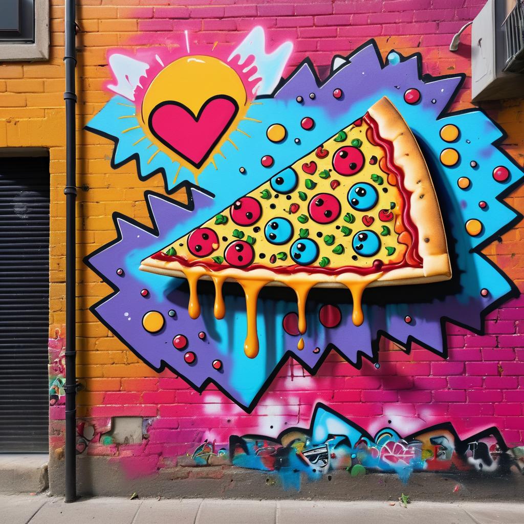 Whimsical Pizza Slice in Graffiti Alley