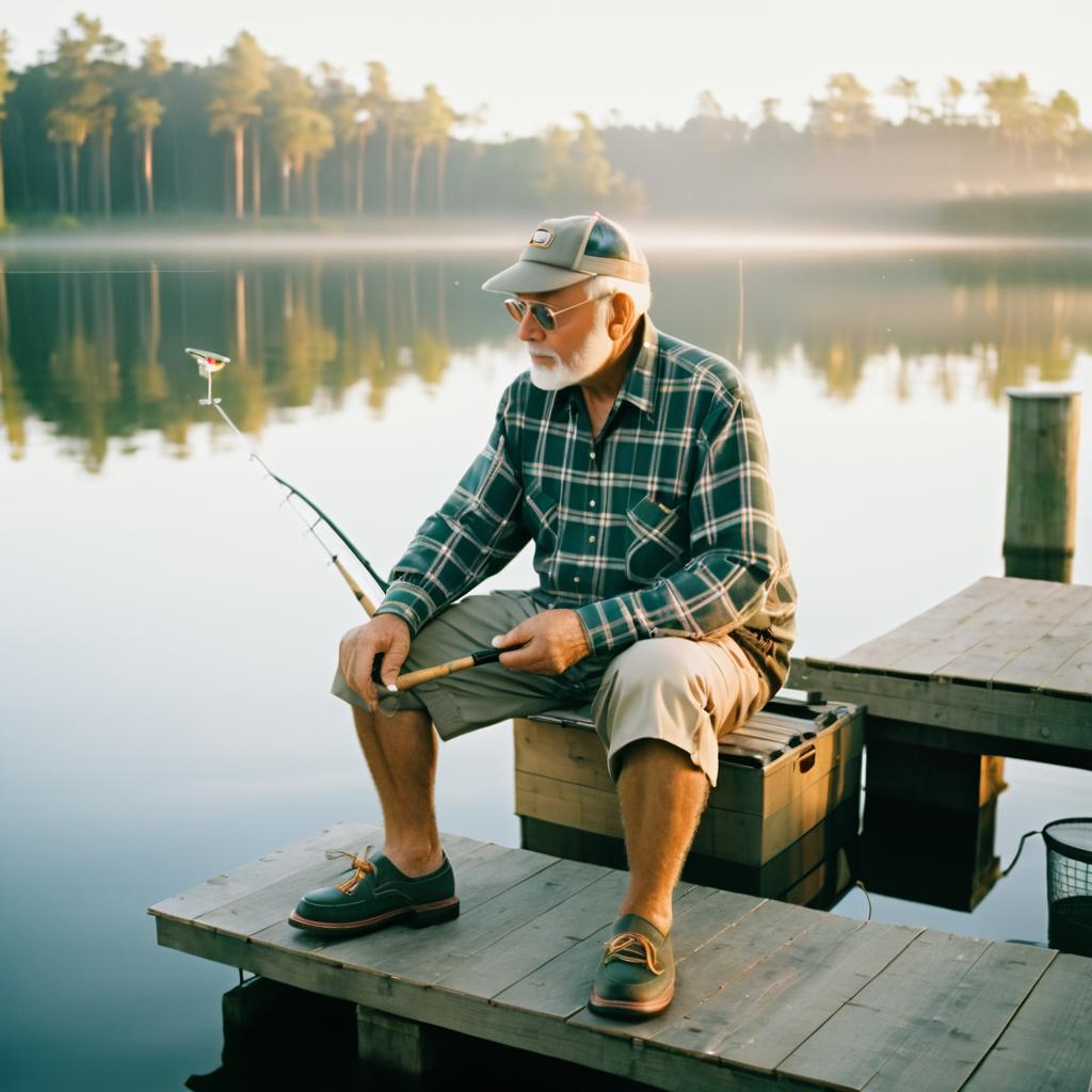 Elderly Man Fishing at Dawn Capture