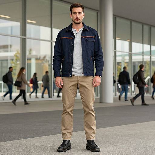 Photograph of a tall, bearded man in a navy jacket, white shirt, beige pants, and black boots standing in a modern glass building atr