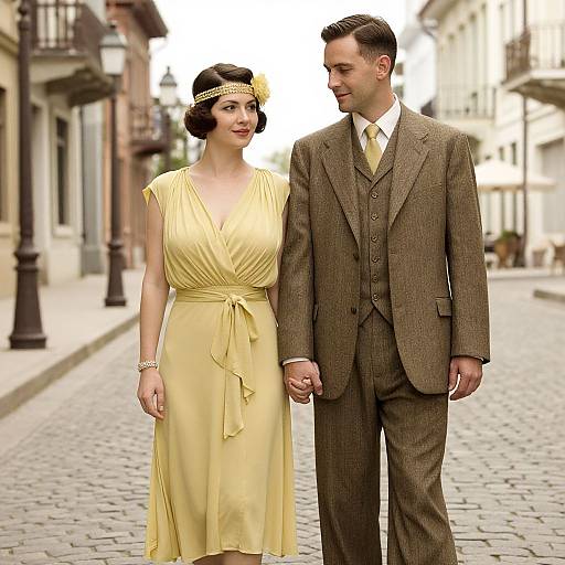 Photograph of a 1930s-style couple holding hands on a cobblestone street. She wears a yellow dress and headband; he wears