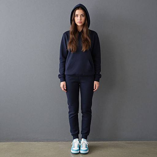 Photograph of a young woman with long brown hair, wearing a black hoodie, black pants, and blue sneakers, standing against a gray wall.