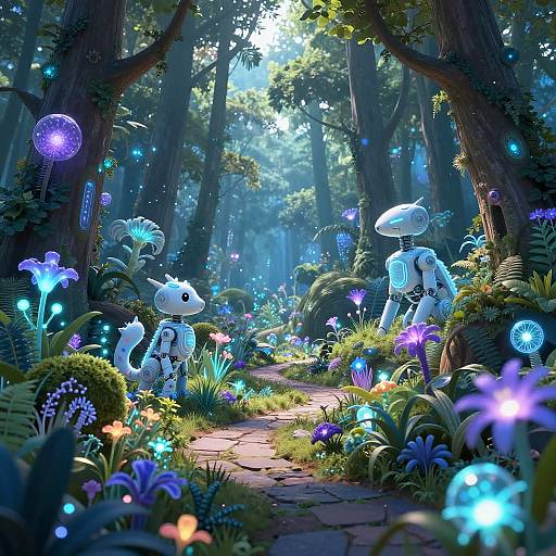 Digital fantasy artwork of glowing, humanoid creatures in a mystical forest, surrounded by vibrant blue and purple bioluminescent flowers and mushrooms. Sunlight filters