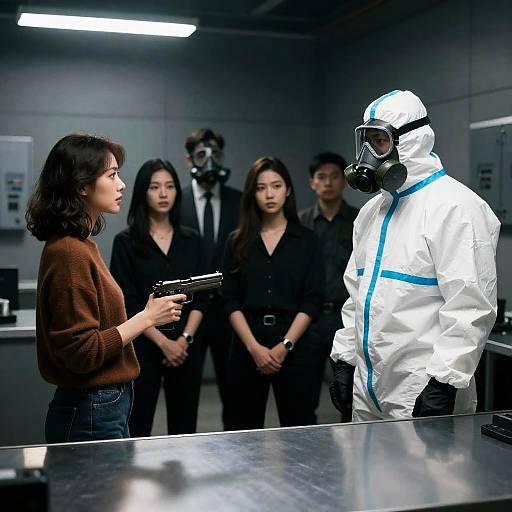 Confrontation in Industrial Room with Hazmat Suit and Gun