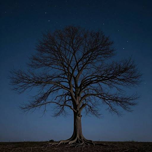 Photograph of a tall, leafless tree centered against a deep blue, starlit night sky, with its exposed roots visible on dark soil.