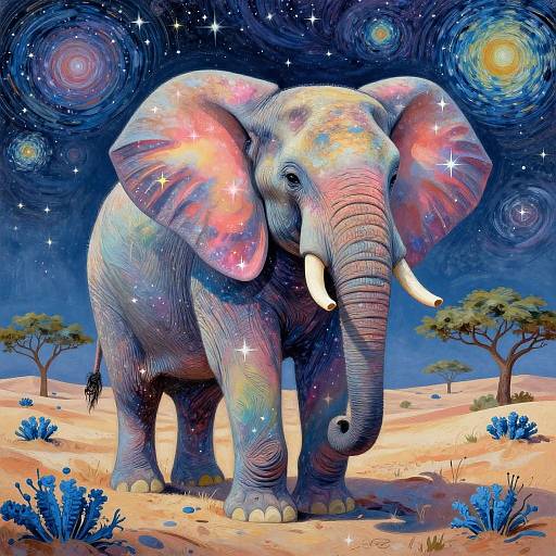 Whimsical Starry Elephant in Cosmic Desert