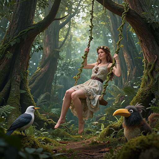 Photograph-style digital art of a woman in a leafy dress, crown of flowers, swinging on a vine swing in a lush, enchanted forest with