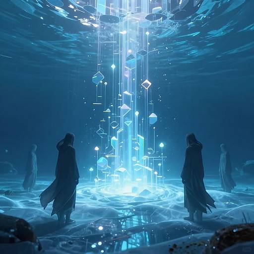 Digital art: Two silhouetted figures in dark cloaks stand before a glowing, ethereal blue waterfall of geometric lights in a snowy, moon