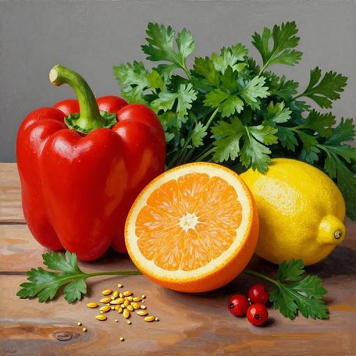 Photograph of vibrant red bell pepper, halved orange, whole yellow lemon, fresh parsley, and red currants on a wooden surface.