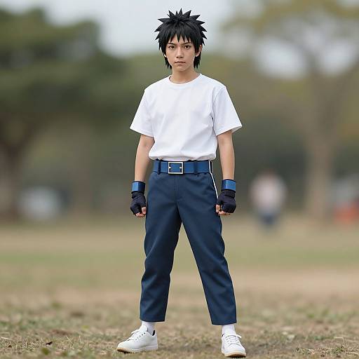 Photorealistic CGI of a young Asian boy with spiky black hair, wearing a white t-shirt, blue pants, white shoes, and black gloves