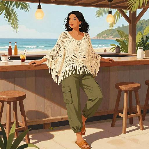 Digital illustration of a woman with medium brown skin and black wavy hair, wearing a white fringe crochet top and green cargo pants, leaning on a beach
