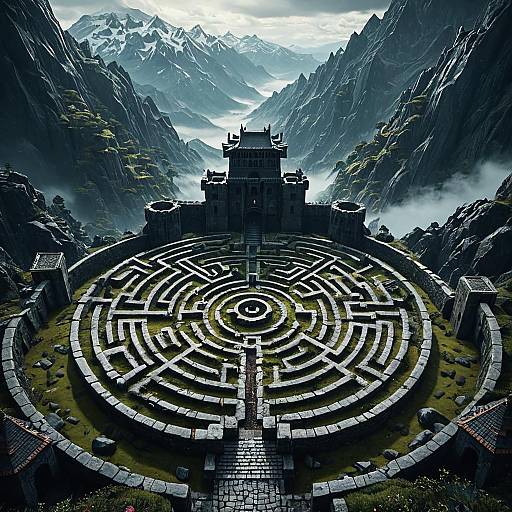 Ancient Labyrinth Fortress in Misty Mountains