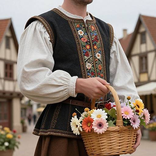 Photograph of a person in medieval-style black embroidered vest, white shirt, holding a wicker basket with colorful flowers, in a quaint European village square