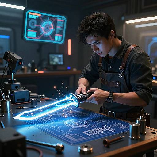 Photograph of a young man with dark hair, wearing a black shirt and leather apron, welding a glowing blue light onto a blue circuit board in