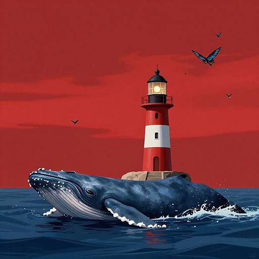 Digital artwork: Red lighthouse on a gray whale's back, splashing in dark blue ocean, against a vivid red sky with flying birds.