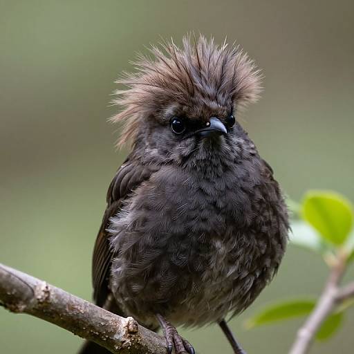 Photograph of a small, fluffy black bird with a spiky crest, perched on a branch against a blurred green background.