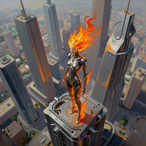 Digital art of a fire-haired, metallic-clad woman standing on a skyscraper rooftop amidst a futuristic cityscape with towering buildings.