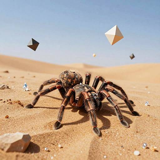 Photograph of a large, black and brown spider with eight legs on a sunlit sandy dune, with floating geometric shapes in the clear blue sky
