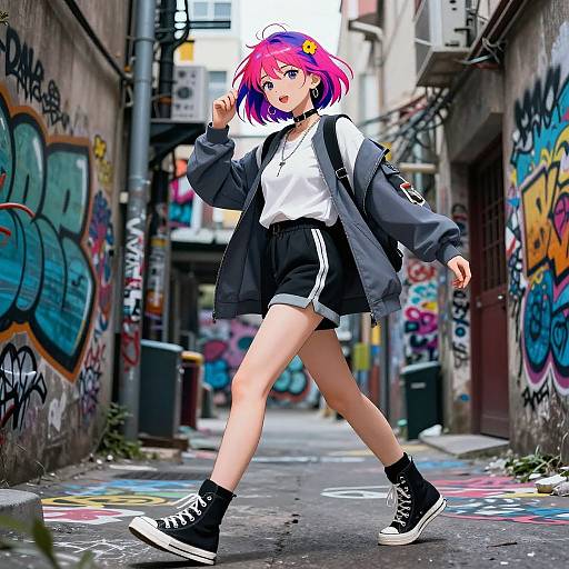 Digital anime-style illustration of a pink-haired girl with purple highlights, wearing a black jacket, white shirt, black shorts, and high-top sneakers, walking