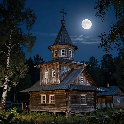 Photograph of a wooden church with a moonlit, full moon in the night sky, surrounded by trees, under a deep blue sky.