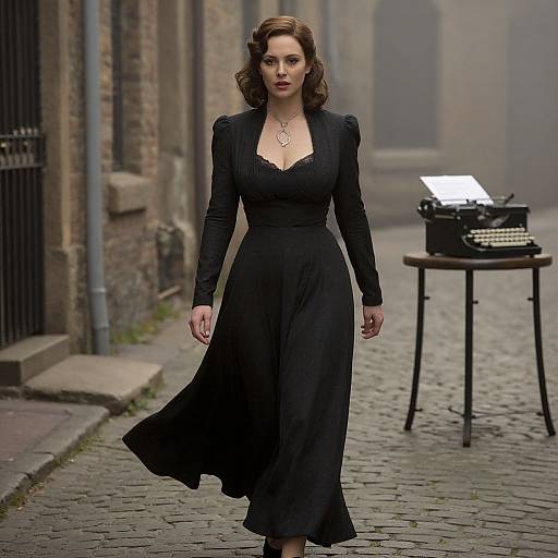 Photograph of a red-haired woman in a black, long-sleeve, V-neck dress walking on a cobblestone alley with an old typ