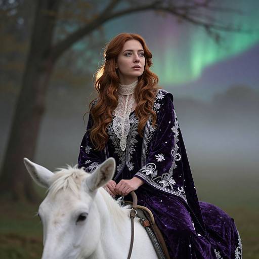 Photograph of a red-haired woman with long wavy hair in a dark, ornate gown, riding a white horse under a vivid green northern lights