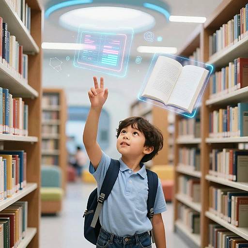 Curious Child in Futuristic Library